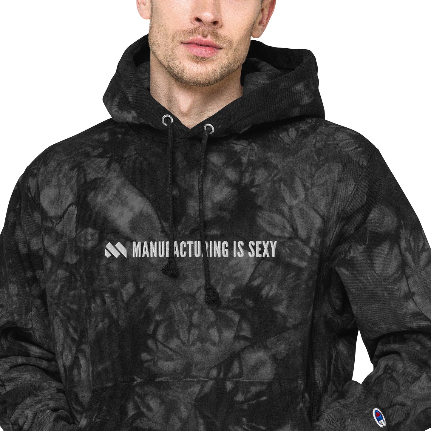 Manufacturing is sexy Champion tie-dye hoodie, embroidered