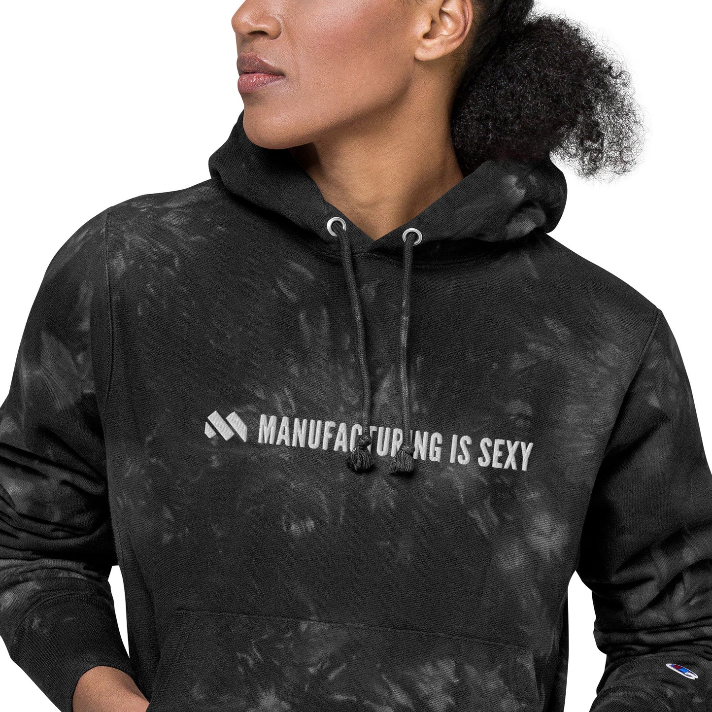 Manufacturing is sexy Champion tie-dye hoodie, embroidered